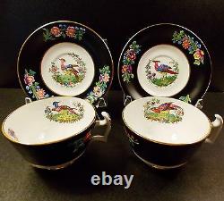 Four (4) Antique Spode Chelsea Bird Cups And Saucers Black Multi Colors Gold