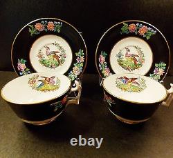 Four (4) Antique Spode Chelsea Bird Cups And Saucers Black Multi Colors Gold