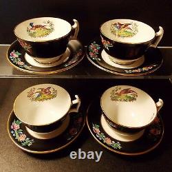 Four (4) Antique Spode Chelsea Bird Cups And Saucers Black Multi Colors Gold