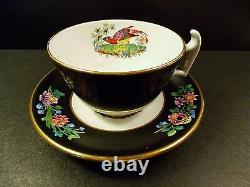 Four (4) Antique Spode Chelsea Bird Cups And Saucers Black Multi Colors Gold