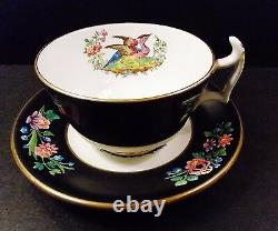 Four (4) Antique Spode Chelsea Bird Cups And Saucers Black Multi Colors Gold