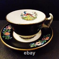 Four (4) Antique Spode Chelsea Bird Cups And Saucers Black Multi Colors Gold