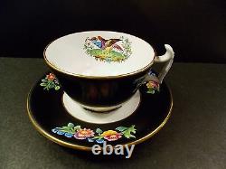 Four (4) Antique Spode Chelsea Bird Cups And Saucers Black Multi Colors Gold