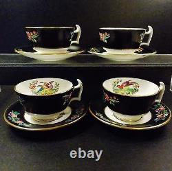 Four (4) Antique Spode Chelsea Bird Cups And Saucers Black Multi Colors Gold