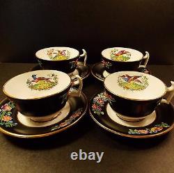 Four (4) Antique Spode Chelsea Bird Cups And Saucers Black Multi Colors Gold