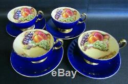 Four Aynsley Orchard Gold Cobalt Blue Tea Cups & Saucers Vgc Green Stamp