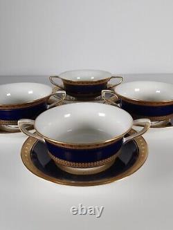 Four Royal Worcester Coronet Pattern Cobalt Blue Gilded Soup Cups And Saucers
