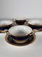 Four Royal Worcester Coronet Pattern Cobalt Blue Gilded Soup Cups And Saucers