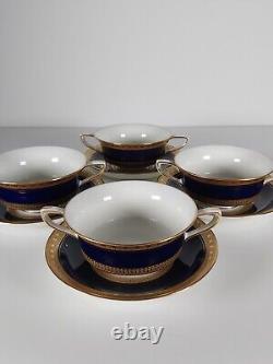 Four Royal Worcester Coronet Pattern Cobalt Blue Gilded Soup Cups And Saucers