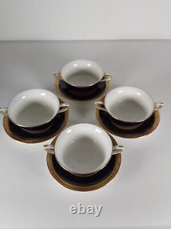 Four Royal Worcester Coronet Pattern Cobalt Blue Gilded Soup Cups And Saucers