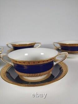 Four Royal Worcester Coronet Pattern Cobalt Blue Gilded Soup Cups And Saucers