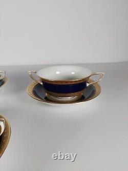 Four Royal Worcester Coronet Pattern Cobalt Blue Gilded Soup Cups And Saucers