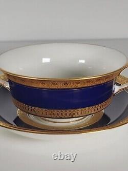 Four Royal Worcester Coronet Pattern Cobalt Blue Gilded Soup Cups And Saucers