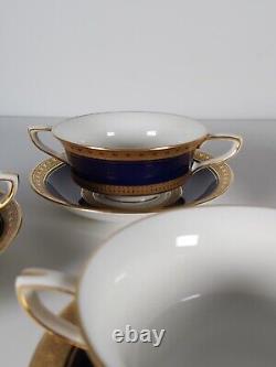 Four Royal Worcester Coronet Pattern Cobalt Blue Gilded Soup Cups And Saucers