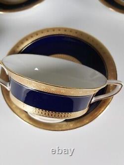 Four Royal Worcester Coronet Pattern Cobalt Blue Gilded Soup Cups And Saucers