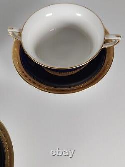 Four Royal Worcester Coronet Pattern Cobalt Blue Gilded Soup Cups And Saucers