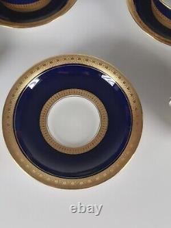 Four Royal Worcester Coronet Pattern Cobalt Blue Gilded Soup Cups And Saucers