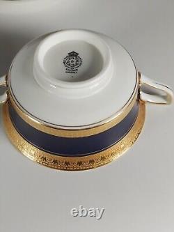 Four Royal Worcester Coronet Pattern Cobalt Blue Gilded Soup Cups And Saucers
