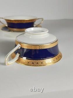 Four Royal Worcester Coronet Pattern Cobalt Blue Gilded Soup Cups And Saucers