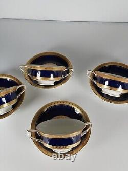Four Royal Worcester Coronet Pattern Cobalt Blue Gilded Soup Cups And Saucers
