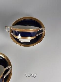 Four Royal Worcester Coronet Pattern Cobalt Blue Gilded Soup Cups And Saucers