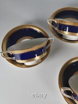 Four Royal Worcester Coronet Pattern Cobalt Blue Gilded Soup Cups And Saucers