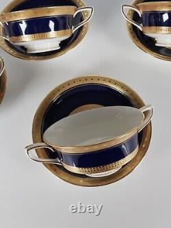 Four Royal Worcester Coronet Pattern Cobalt Blue Gilded Soup Cups And Saucers