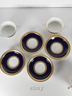 Four Royal Worcester Coronet Pattern Cobalt Blue Gilded Soup Cups And Saucers