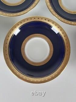 Four Royal Worcester Coronet Pattern Cobalt Blue Gilded Soup Cups And Saucers