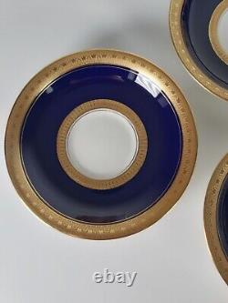 Four Royal Worcester Coronet Pattern Cobalt Blue Gilded Soup Cups And Saucers