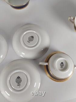 Four Royal Worcester Coronet Pattern Cobalt Blue Gilded Soup Cups And Saucers