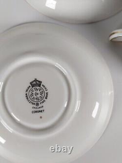 Four Royal Worcester Coronet Pattern Cobalt Blue Gilded Soup Cups And Saucers
