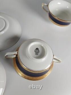 Four Royal Worcester Coronet Pattern Cobalt Blue Gilded Soup Cups And Saucers