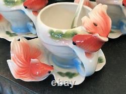 Franz Porcelain Style Gold Fish 3 tea coffee cups saucers with spoons