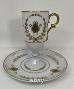French Antique Footed Espresso Abeille Gold Bees Napoleon Porcelain Cup & Saucer