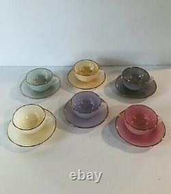 French Harlequin Arcopal Pastel Opalescent Gold Rimmed 6 tea Cups And Saucers