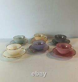 French Harlequin Arcopal Pastel Opalescent Gold Rimmed 6 tea Cups And Saucers