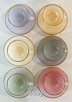 French Harlequin Arcopal Pastel Opalescent Gold Rimmed 6 tea Cups And Saucers