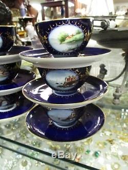 French Jean Pouyot Limoges Set 9 Cups & Saucers Cobalt Gold Hand Painted Scenes