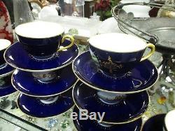 French Jean Pouyot Limoges Set 9 Cups & Saucers Cobalt Gold Hand Painted Scenes