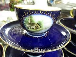 French Jean Pouyot Limoges Set 9 Cups & Saucers Cobalt Gold Hand Painted Scenes