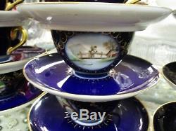 French Jean Pouyot Limoges Set 9 Cups & Saucers Cobalt Gold Hand Painted Scenes