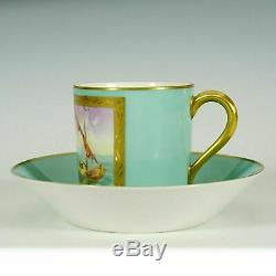 French Le Tallec Cup & Saucer Hand Painted Porcelain Mint Gold Sea Sail Boat