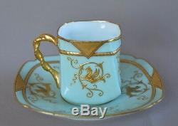 French Rare Collectible Porcelain Cup & Saucer Gold Enamel Chimera Etienne Son
