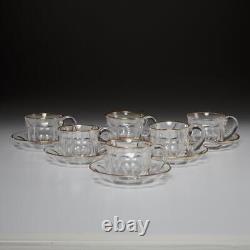 French Style Hand Blown Gold Gilt Cut Crystal Glass Tea Cups w Saucers Set of 6