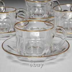 French Style Hand Blown Gold Gilt Cut Crystal Glass Tea Cups w Saucers Set of 6