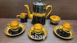GIBSON & SONS Late DAVENPORT SEVRES Black & Gold Coffee Pot Cups &saucers 1st
