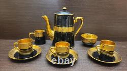 GIBSON & SONS Late DAVENPORT SEVRES Black & Gold Coffee Pot Cups &saucers 1st