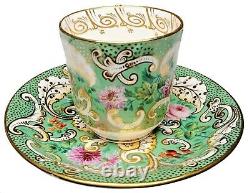 GORGEOUS Staffordshire Porcelain Tea Cup and Saucer Green Gold Floral c. 1848 A