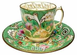 GORGEOUS Staffordshire Porcelain Tea Cup and Saucer Green Gold Floral c. 1848 A